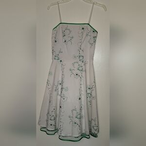 White Floral Fit-and-Flare Dress with Green Accents